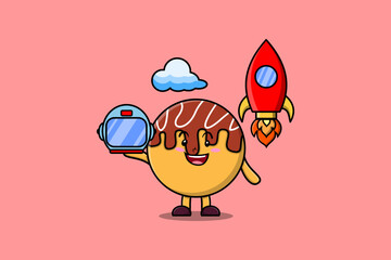 Cute mascot cartoon character Takoyaki as astronaut with rocket, helm, and cloud in cute style 