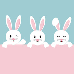 White rabbits with different facial expression. Hare. Color background. Vector illustration