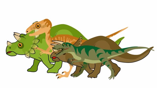 Group of Cartoon green dinosaur  walks 2d animation clip on walk background