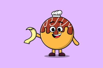 Cute cartoon Takoyaki chef character with menu in hand cute style design illustration