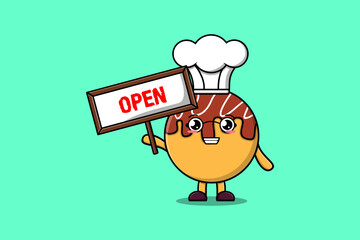 Cute cartoon Takoyaki character holding open sign board designs in concept flat cartoon style
