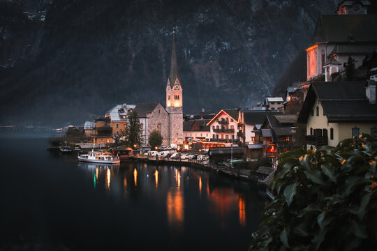 Hallstatt view at the evening. scenery view Nice image of famous austrian village surrounded by mountains and reflecions in the water.