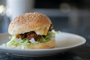 Homemade Chicken burger on a plate, Burger Buns gluten-free, with salad, cheese and mayonnaise