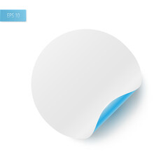 Paper round sticker with a curved bottom corner on a transparent background. A round sheet for notes with a fold with a blue reverse side. Realistic advertising tag. Vector illustration