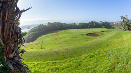 Golf Course Beach Hole Putting Green Sand Traps Scenic Summer Lifestyle Holiday Landscape.