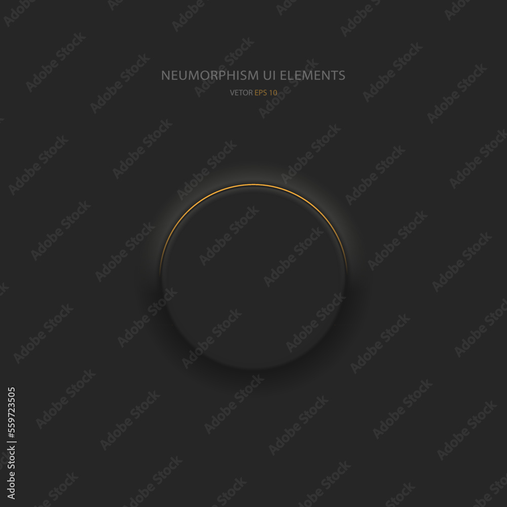 Poster round black button in neumorphic style with orange backlight. user interface design elements. vector