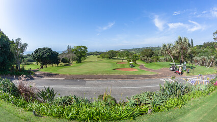 Fototapeta na wymiar Golf Course Coastal Green Tee Box Scenic Lifestyle Holiday Summer Landscape.
