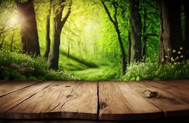 Wooden Table And Spring Forest Background Generative AI