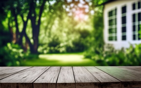 Wooden Table With Green Home Backyard View Blur Generative AI