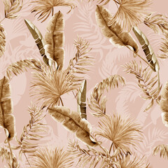 Tropical watercolor dry leaves seamless pattern. Exotic plant branches in boho style. Summer jungle endless background for fabric and wallpaper.