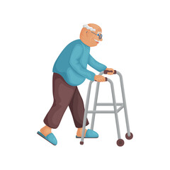 Grandpa with a walker. Cute cheerful grandpa is walking with a walker in his hands. An elderly man. Vector illustration isolated on a white background