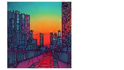 Abstrakte Darstellung einer Stadtlandschaft in bunten Farben - Poster