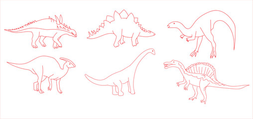line and hatch drawing 6 dinosaur drawings vector illustration. parasaurolophus, brachiosaurus, spinosaurus, dicraeosaurus, acanthopholis, stegosaurus © Melek