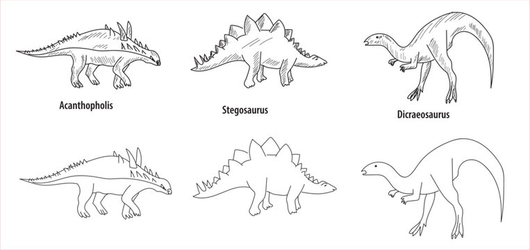 line and hatch drawing 6 dinosaur drawings vector illustration. parasaurolophus, brachiosaurus, spinosaurus, dicraeosaurus, acanthopholis, stegosaurus