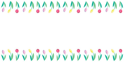 Spring flowers. Frame from red, pink, yellow tulips. Vector horizontal top and bottom edging, border, decoration for greeting card, invitation, Valentine's, Women's or Mother day