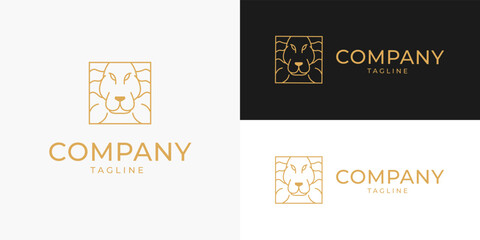 Lion Head in Box Square Elegant Luxury Gold Logo Design Vector Template for Brand Business Company