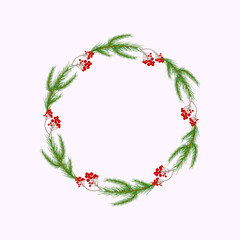 Winter wreath of pine branches and berries. Hand drawn Christmas wreath with space for text. Nature vector illustration.