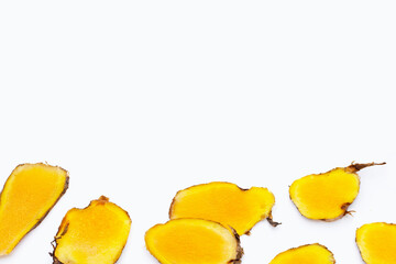 Phlai slices, Cassumumr ginger or zingiber montanum on white background.