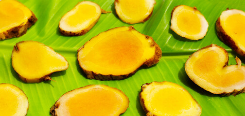 Phlai slices, Cassumumr ginger or zingiber montanum on banana leaf