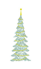 Drawing Christmas tree decorated with yellow garland isolated on white.
