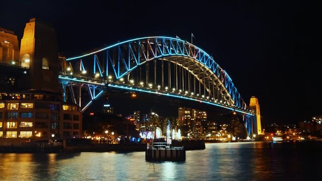The Harbour bridge at night in Sedney, Australia.