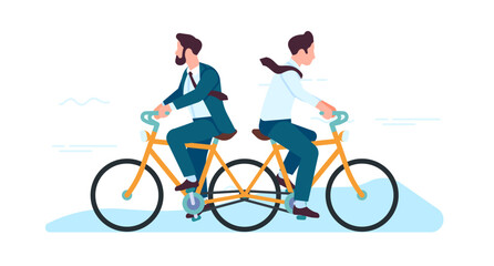 Two businessmen cycling in opposite directions. Different path. Conflict in office team. People riding bikes. Dispute and workers disagreement. Inefficient teamwork. Vector concept