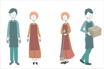エプロンをつけた男女　働く人