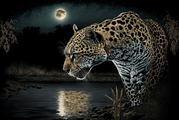 illustration of a leopard in the water at night Image created with generative AI technology.
