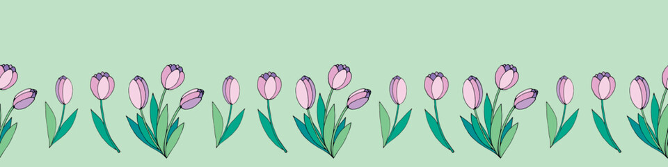 Vector edging, ribbon, border, row of pink tulip flowers. Nature spring summer seamless pattern, ornament, decorative element, decoration