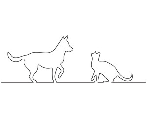 One line illustration of a dog and cat. Single line art. Cat and dog