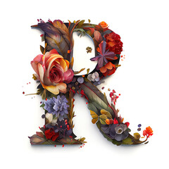 Colorful alphabet capital letter R made with flowers. Ink painting. Generative art