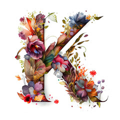 Colorful alphabet capital letter K made with flowers. Ink painting. Generative art
