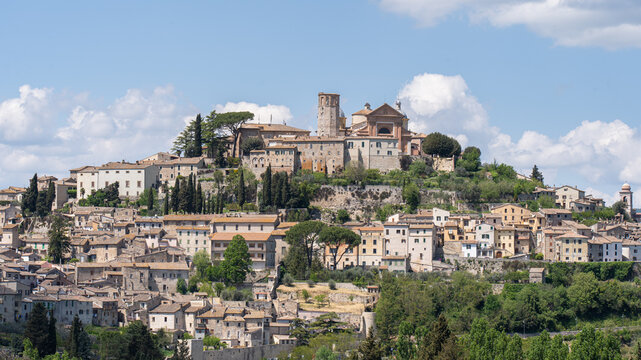 A panoramic view of Amelia, a charming medieval town perched on a hill in the Umbria region of Italy.
