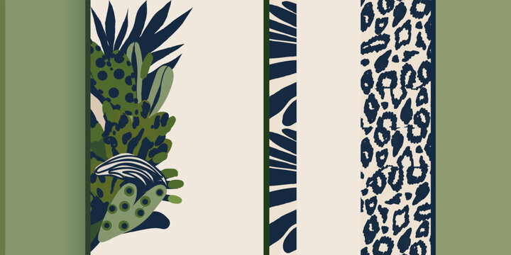 Hand drawn botanical striped abstract pattern with leopard skin. Collage contemporary print. Fashionable template for design.