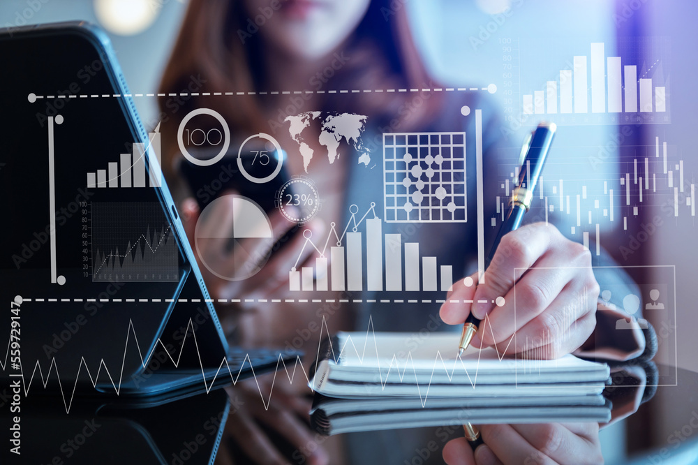 Wall mural data management system with business analytics concept. business team hands working with provide inf