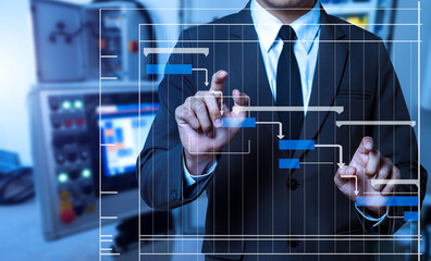 Project manager working and update tasks with milestones progress planning and Gantt chart scheduling diagram. business working with smart phone, tablet and laptop..