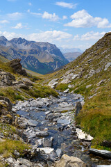 A clear mountain stream flows through a green valley in the French Alps.