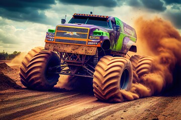 Abstract custom monster truck riding on high speed at the dirt track. Generative art
