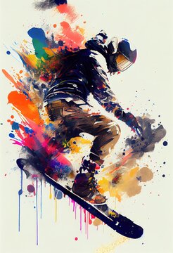 Snowboarding creative illustration with paint drips, smudges and spatter. Generative art.	
