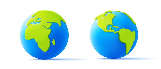 Cartoon planet Earth 3d vector icon in green and blue colours, volume continents, 3d render style