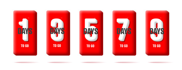 Deadline countdown in days to go, volume letters on red cube, digital badge