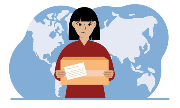 Female courier in uniform holding a box. The concept of delivering parcels around the world.