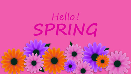 Hello spring text banner greetings with colorful flowers on pink background. Suitable for spring season backdrop. Vector illustration.