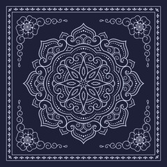 Circular pattern in form of mandala with flower for Henna, Mehndi, decoration. Blue decorative ornament in ethnic oriental style for a bandana. Outline doodle hand draw vector illustration.