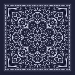 Circular pattern in form of mandala with flower for Henna, Mehndi, decoration. Blue decorative ornament in ethnic oriental style for a bandana. Outline doodle hand draw vector illustration.