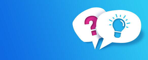 Glowing light bulb and Question mark on paper bubble. Blue background.