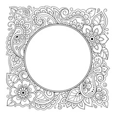 Frame in eastern tradition. Stylized with henna tattoos decorative pattern for decorating covers for book, notebook, casket, magazine, postcard and folder. Flower border in mehndi style.