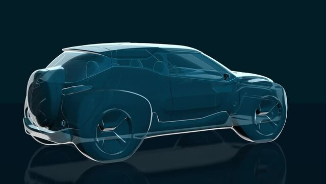 Electric SUV design, car 3d model rendered in semi transparent style, car silhouette