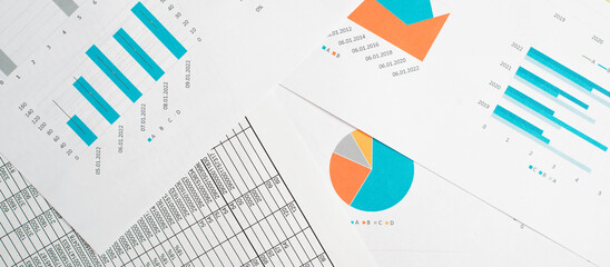 Banner of business graphs and diagrams, financial reports and economic accounts on desktop, top view