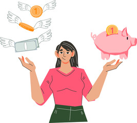 Woman choosing between spending and saving money. Spending or savings, financial literacy and budget planning.